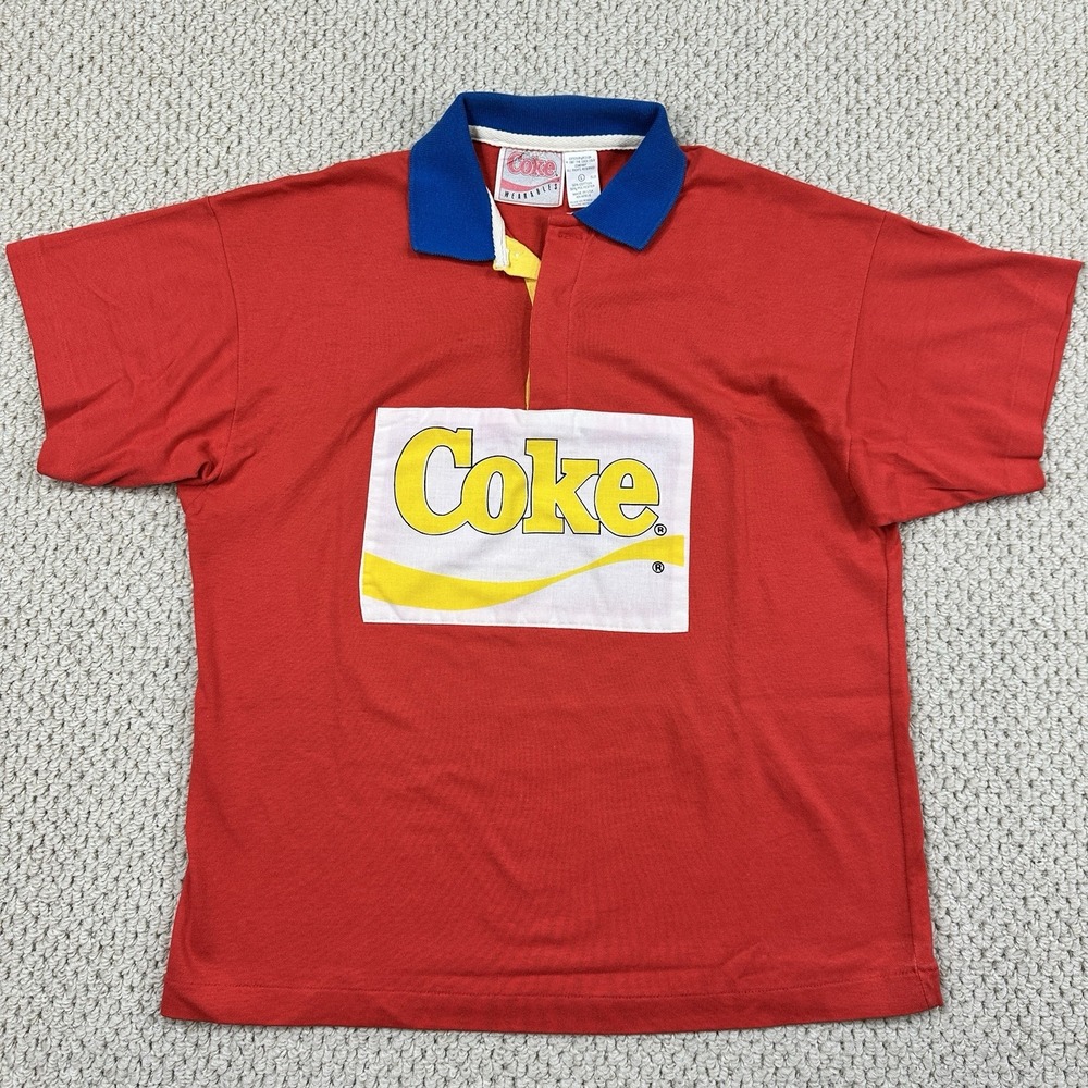 Vtg 80s Coca Cola Rugby Polo Shirt Mens L Coke Wearables 50/50 Logo Made in USA - Picture 3 of 14